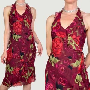 bebe 100% silk rose floral print halter slip dress slipdress fairy roses‎ red S